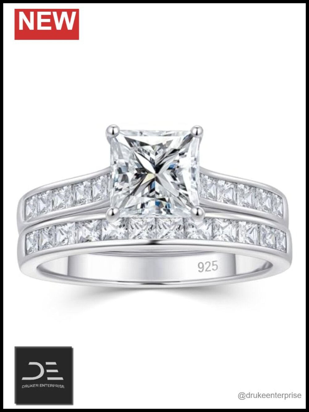 Sterling Silver Princess Cut Moissanite Bridal Ring Set for Women